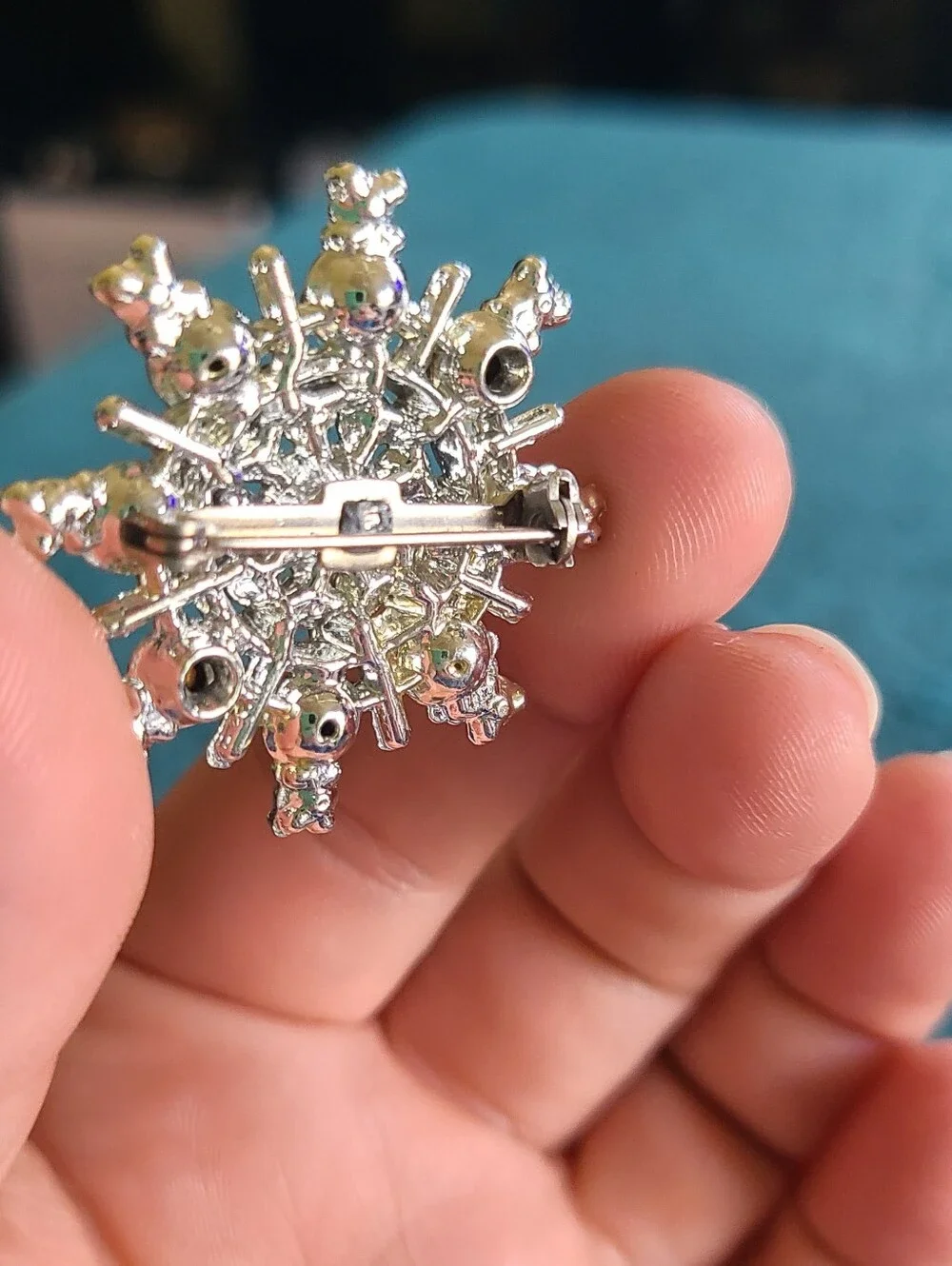 Pair Of Vintage Silver-Tone Brooches with Crystal Snowflake Design